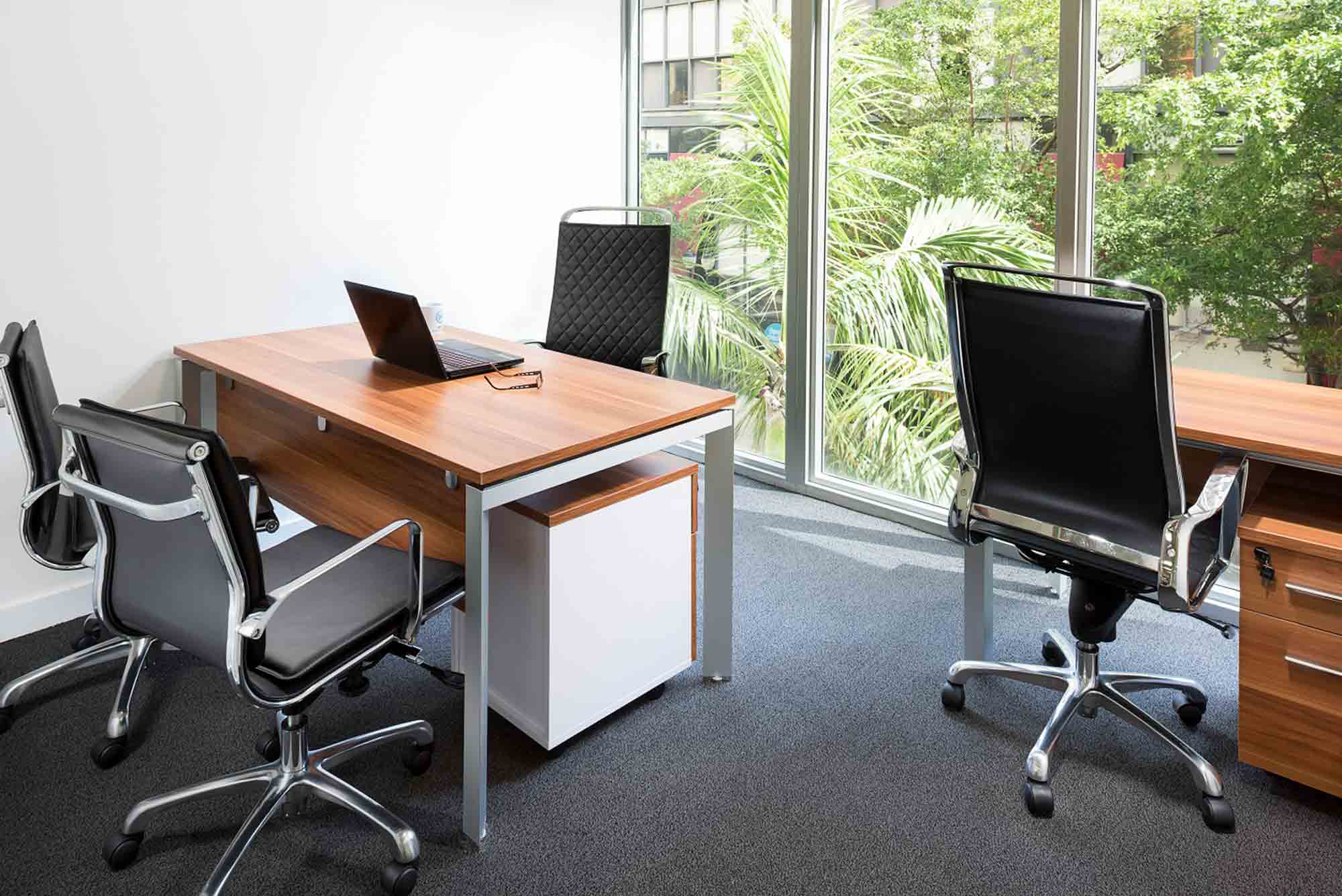Exterior private office with wooden desk and window view of palm trees