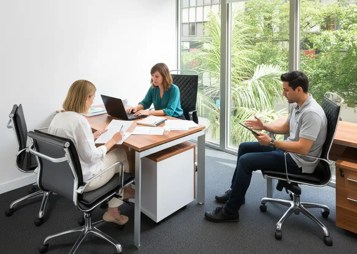 Three colleagues collaborating in a private office with palm tree views