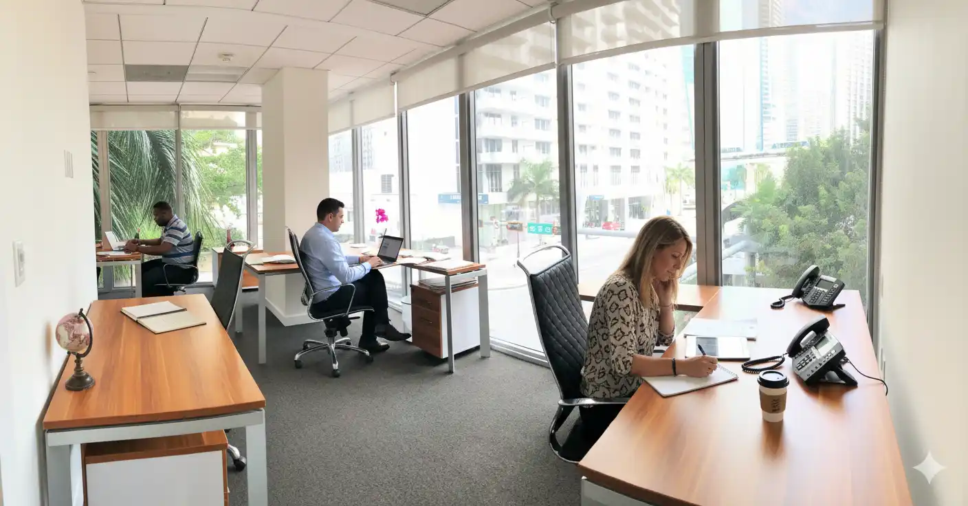 Team members working in a bright private office with large windows