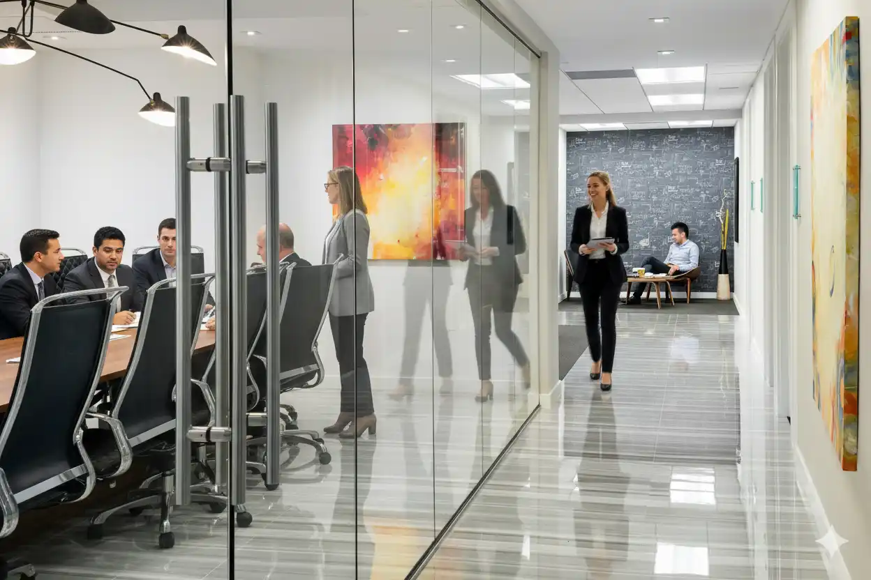Team meeting in a glass-walled conference room with a bright corridor