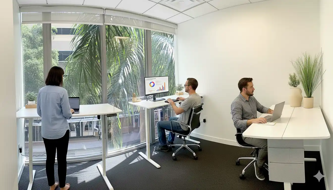 Team working at standing desks in a glass-walled private office