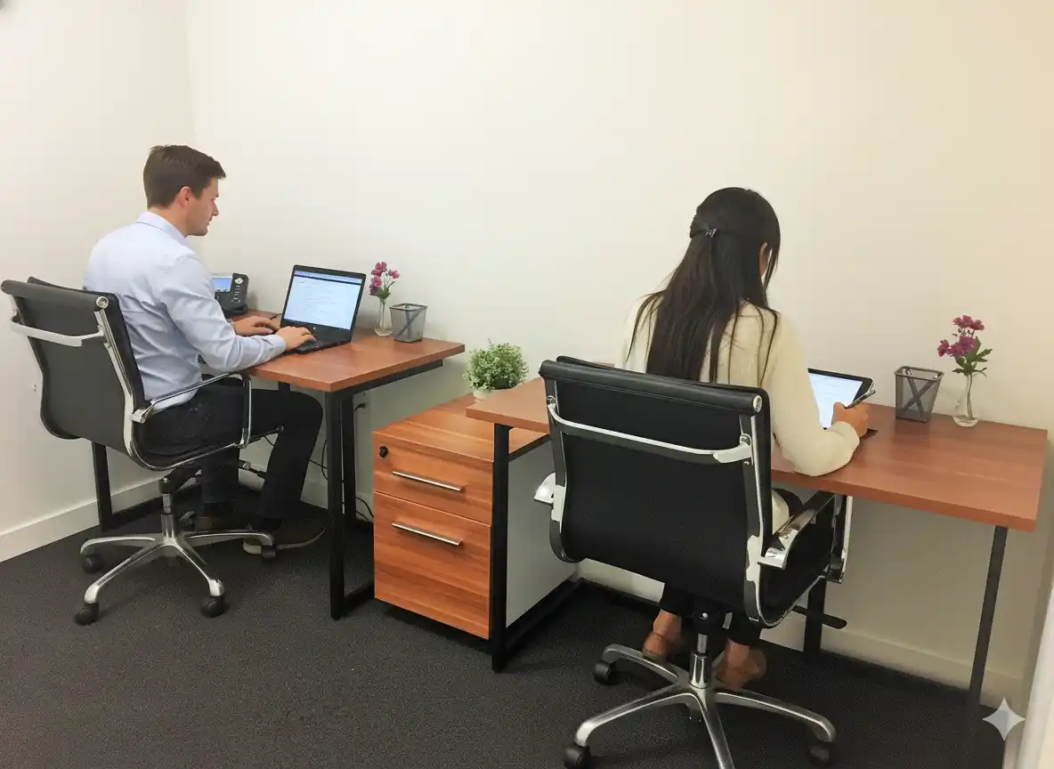 Two professionals working at desks in a shared private office