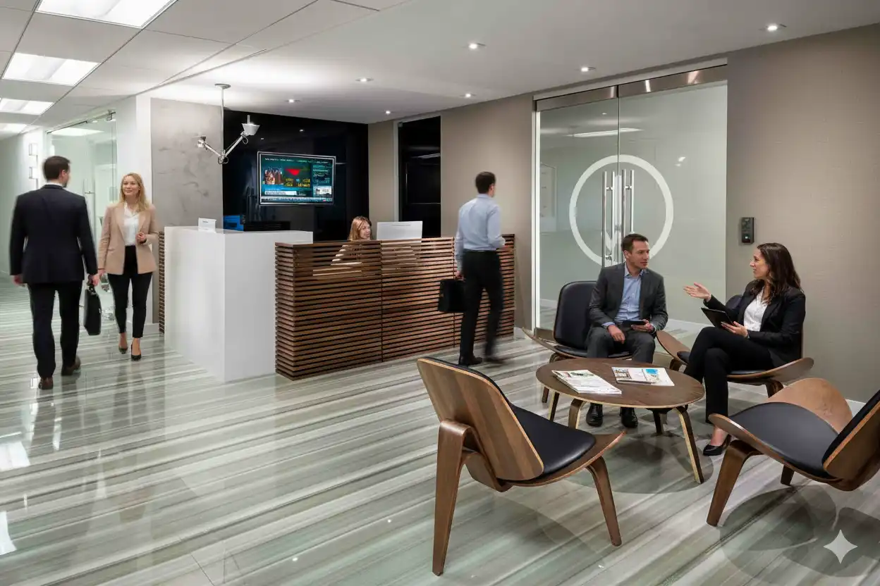 Reception lobby with front desk and visitors in a lounge area