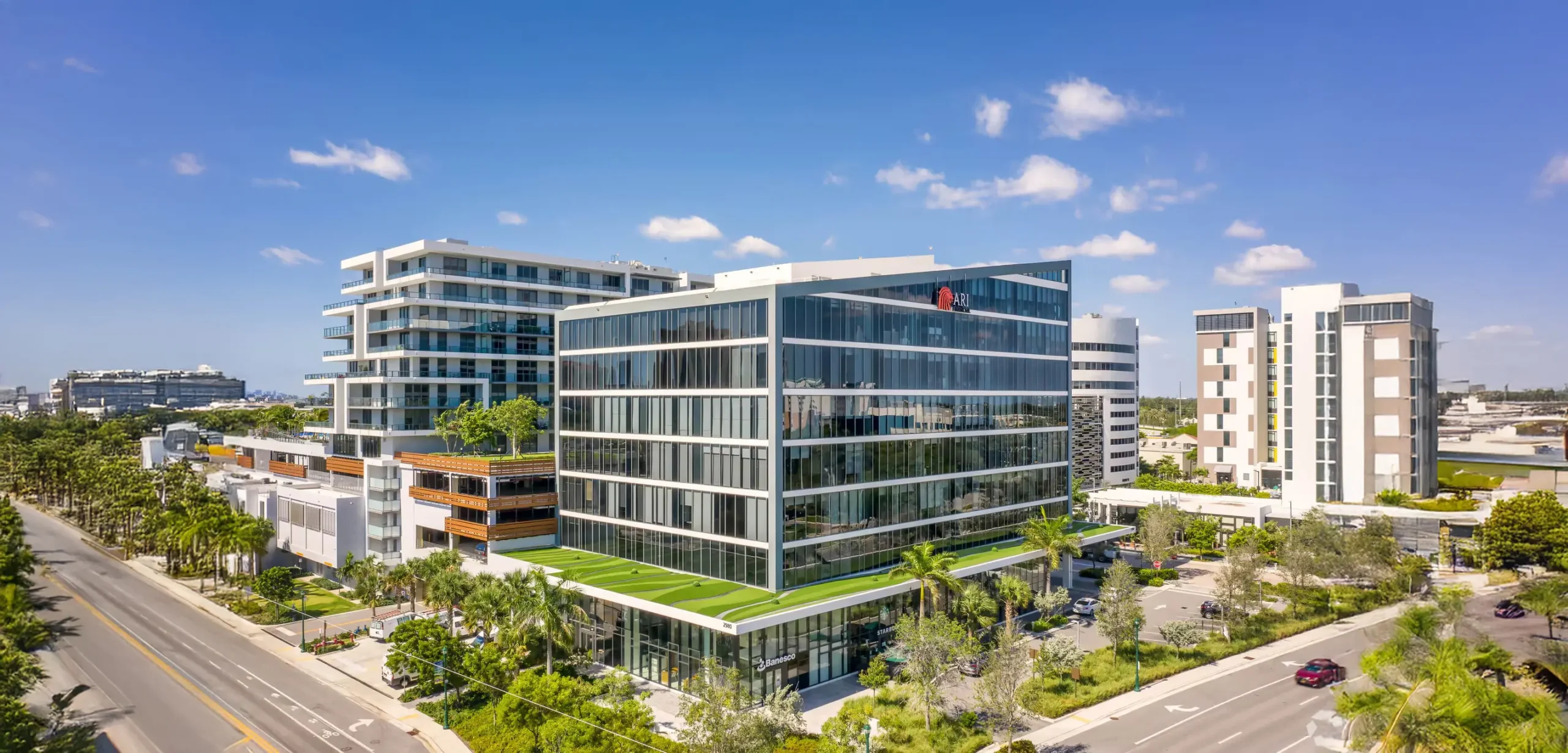 Aerial view of the Iconic Workspaces office building in Aventura