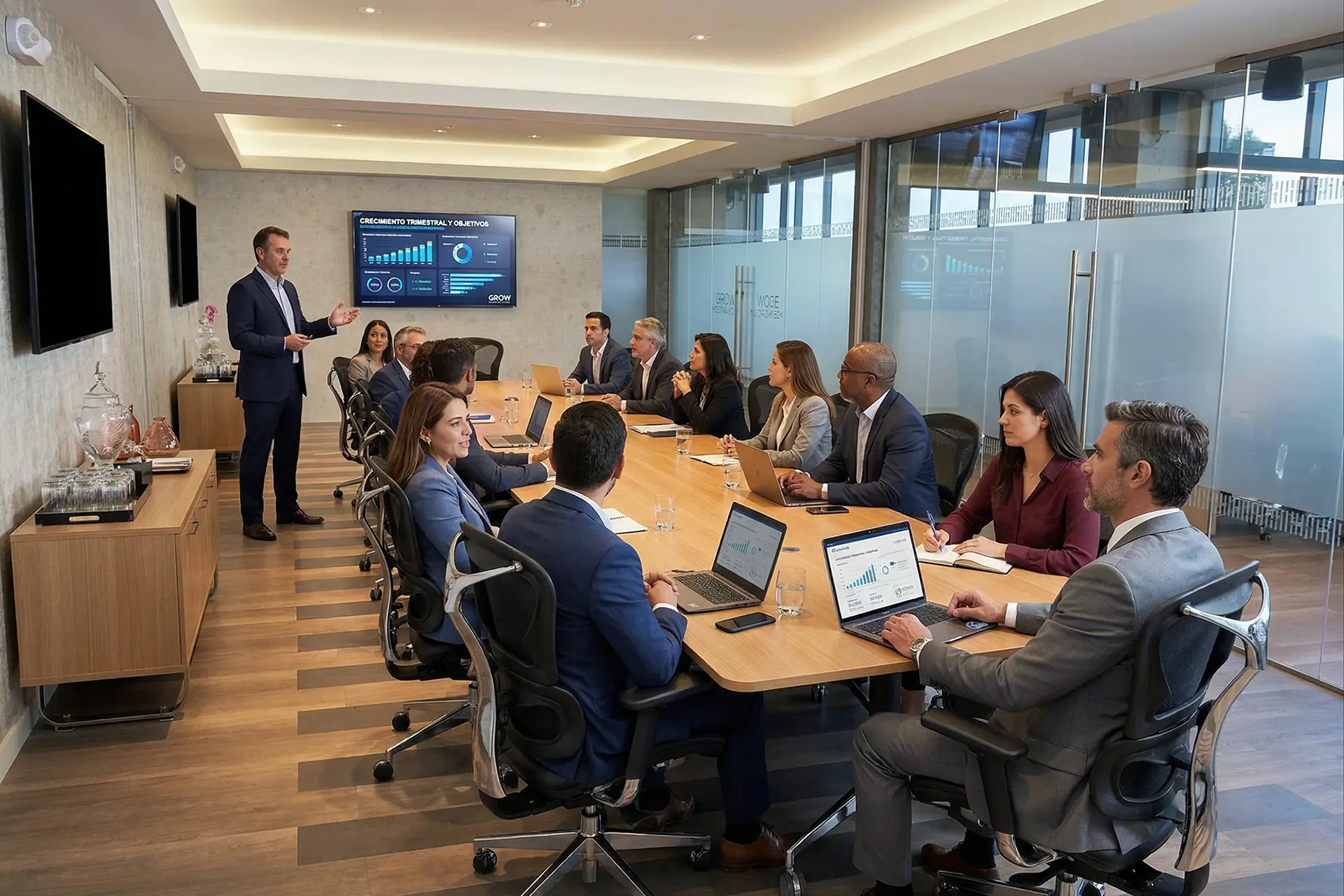 Team meeting around a boardroom table in the Aventura meeting room