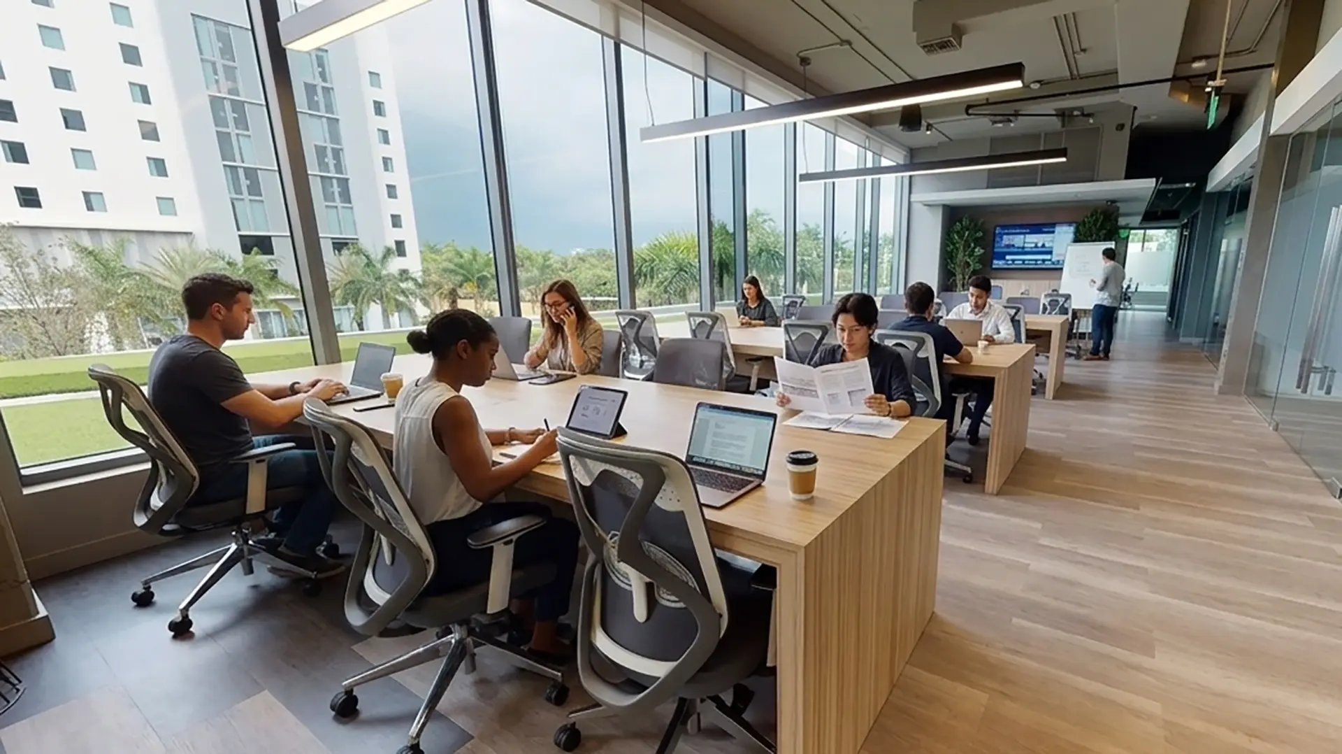Coworking members working on laptops with park views