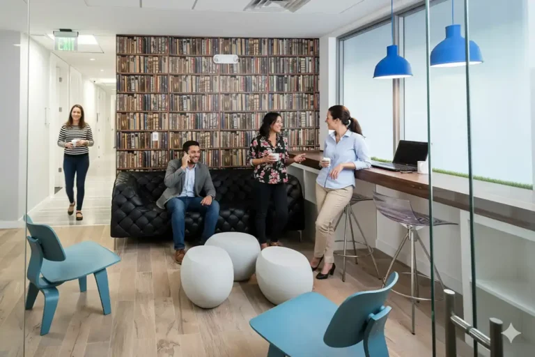 Members chatting in the Iconic Workspaces lounge next to a bookshelf wall